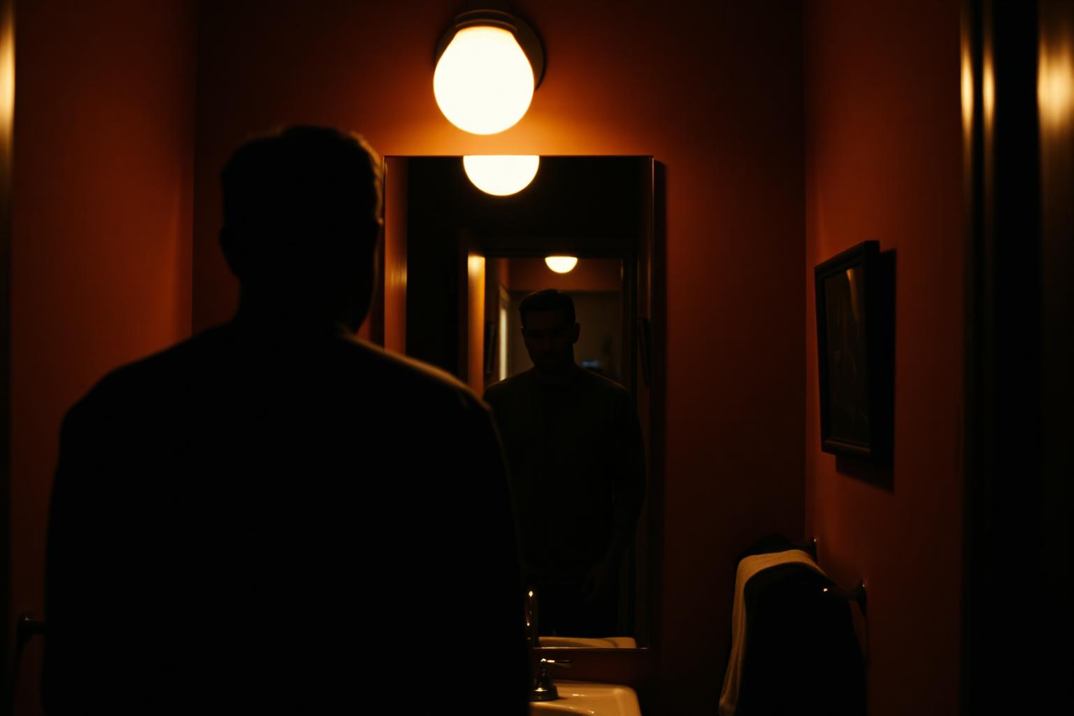A man's silhouette at a bathroom sink at night, facing the mirror under a bare bulb, warm amber light bleeding in from the hallway