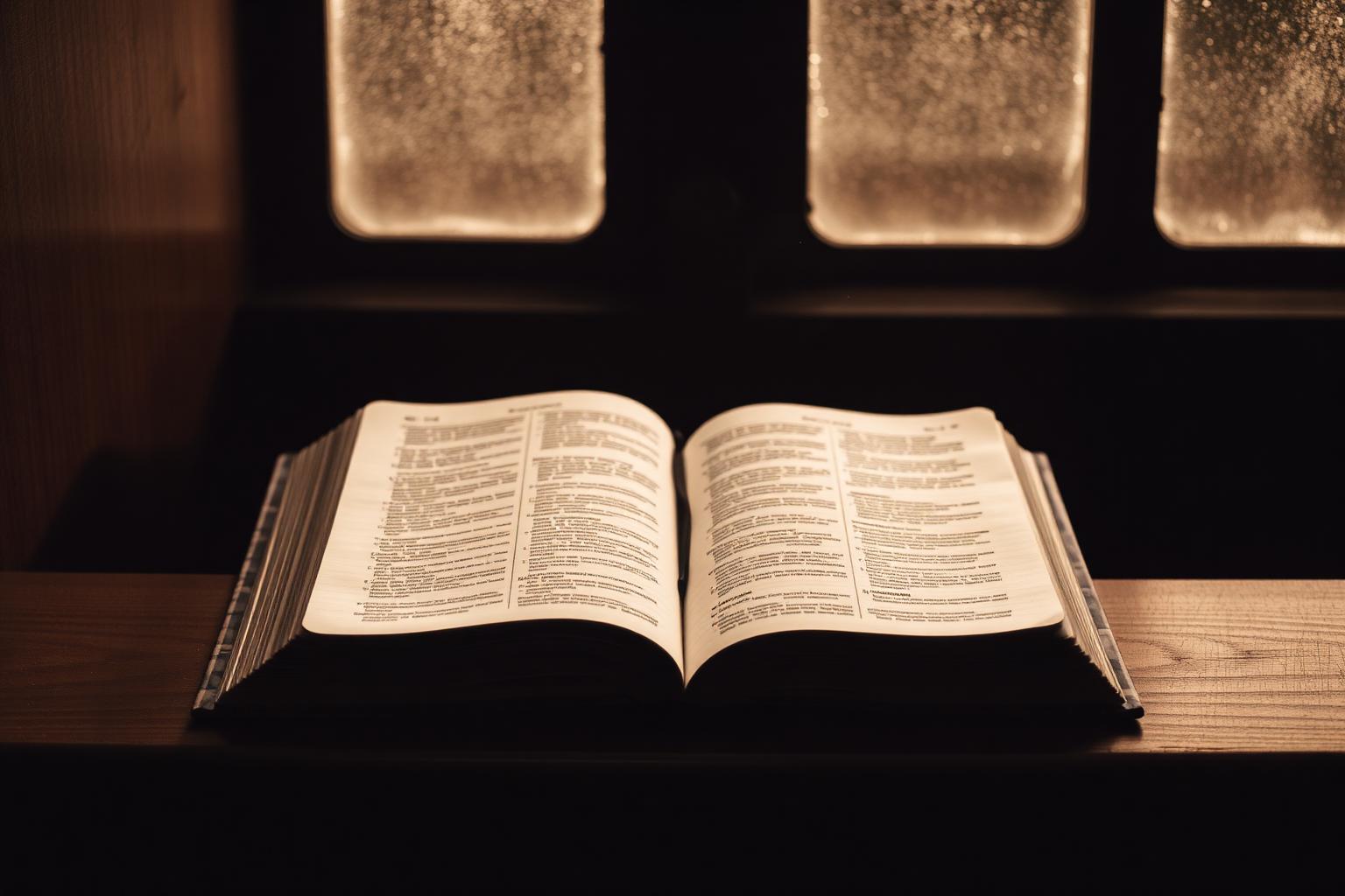 A worn open Bible resting on a wooden pew, softly lit by a rain-flecked window