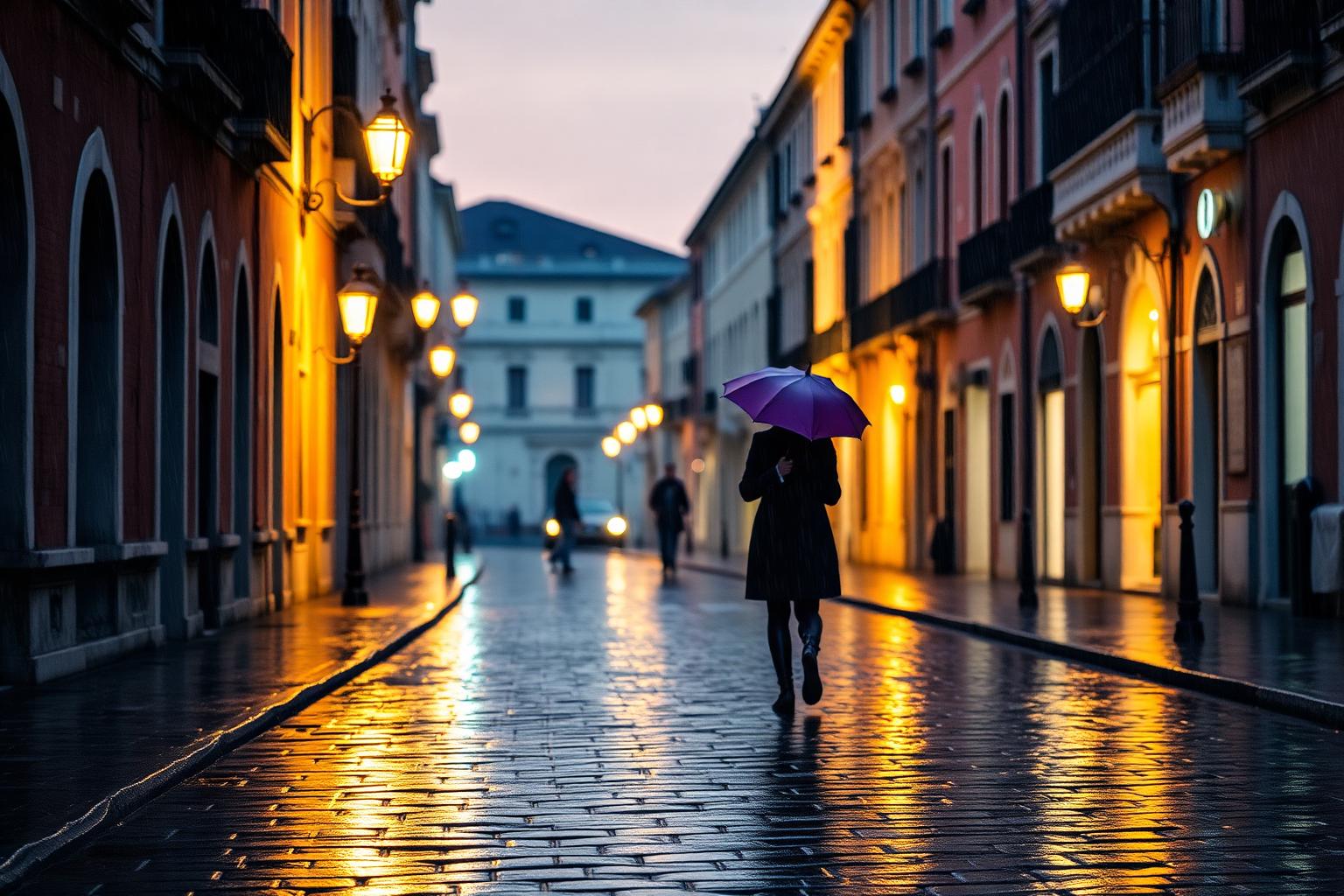 A figure with a purple umbrella walking a rain-slick cobblestone street in the Veneto at dusk