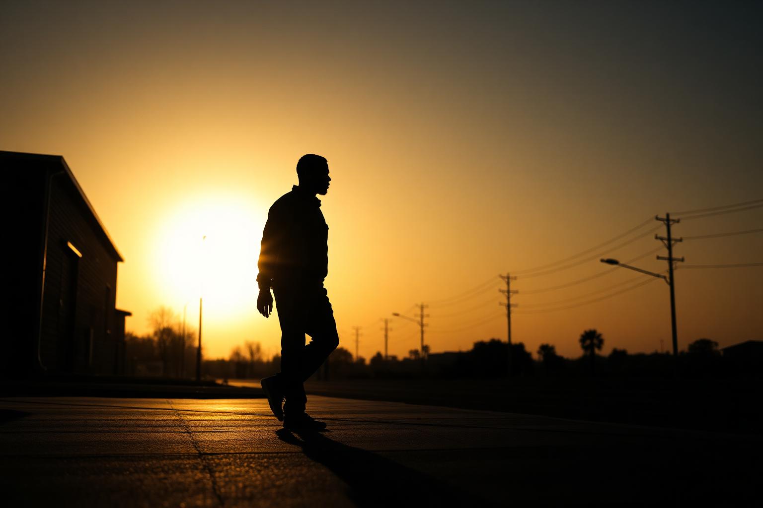 Silhouette of a Black man walking at dawn, long shadow stretched across the pavement